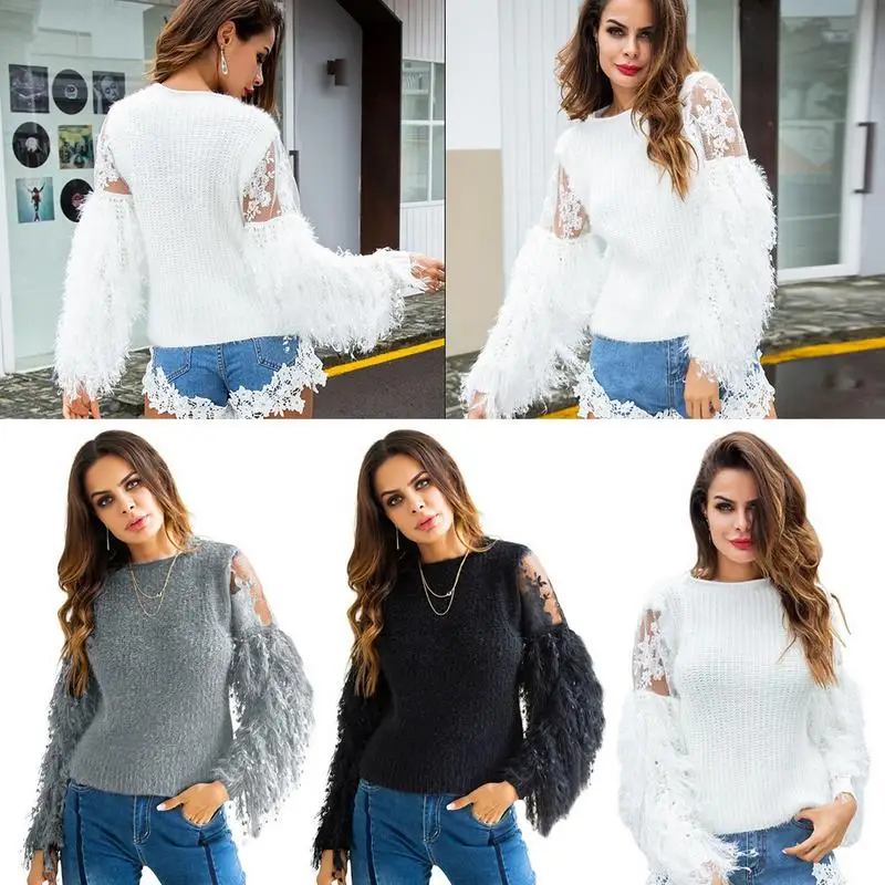 Фото iSHINE 2018 New Fringed Plush Sleeves Perspective Lace Stitching Sweater Autumn And Winter Warm Women's Top Женская одежда iSHINE 2018 New Fringed Plush Sleeves Perspective Lace Stitching Sweater Autumn And Winter Warm Women's Top Женская одежда