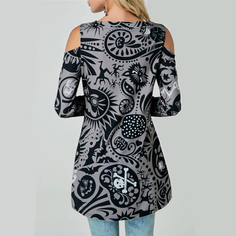 2019 Повседневное V шеи крест накрест до Футболка Женский Череп Printed Cold Shoulder