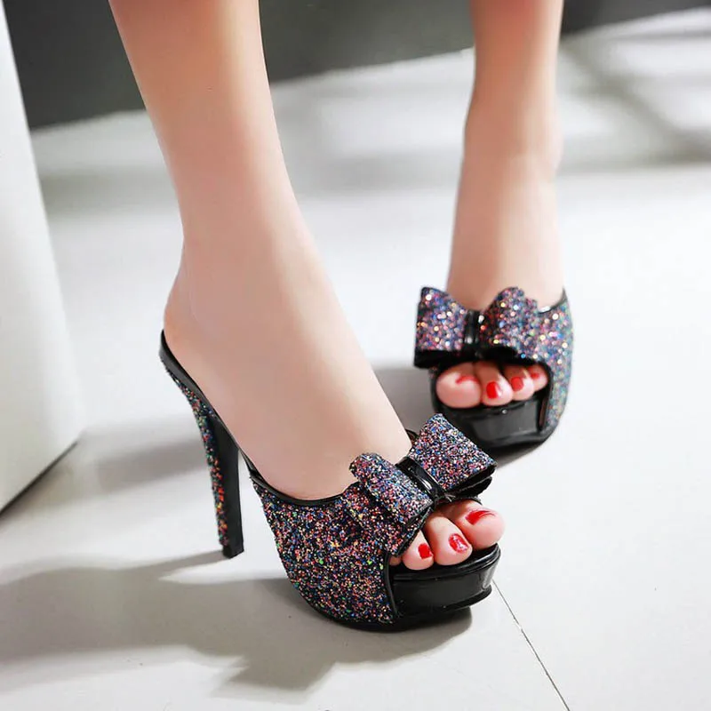 Женские босоножки на высоком каблуке с бантиком Новинка 2018 года Летние блестящие