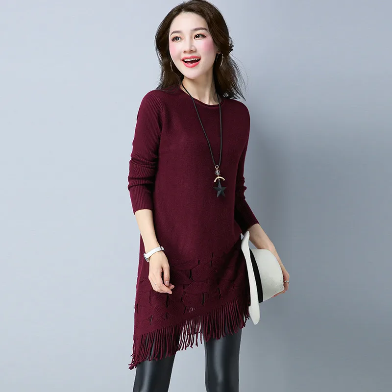 Women's Knit Sweater Autumn Winter Spring Long coat Korean Round Neck tassel Pullover Dress Wild A505 | Женская одежда
