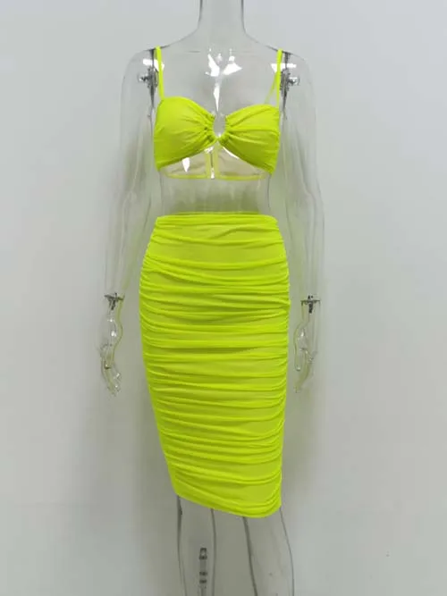 Neon Green JillPeri ярко-розовый стрейч сетка короткий топ и юбка Женский комплект 2 шт. Сексуальная Клубная одежда с рюшами повседневный наряд элегантные вечерние комплект из 2 предметов - Цвет: Neon Green