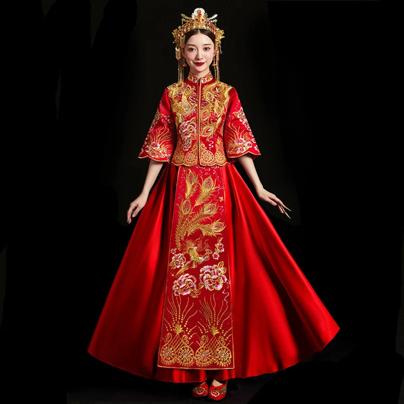 

wedding cheongsam traditional Chinese bride dress Ancient marriage costume gown clothing womens embroidery phoenix red Qipao