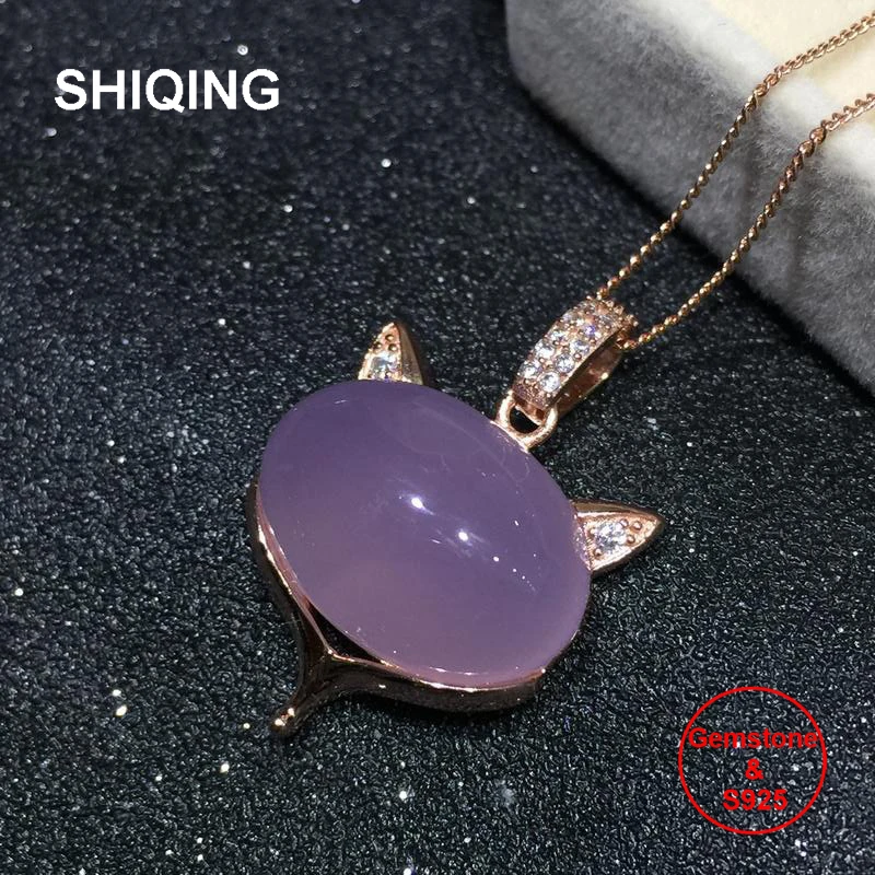 

Женское Ожерелье SHIQING из натурального халцедона, ожерелье из 100% серебра 925 пробы с покрытием из белого розового золота и кошкой для девушек