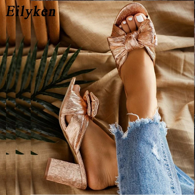 

Eilyken Summer Women High Heels Mules Slippers Female Peep Toe Square Heels Slippers Champagne Bowknot Party Shoes Size 35-42