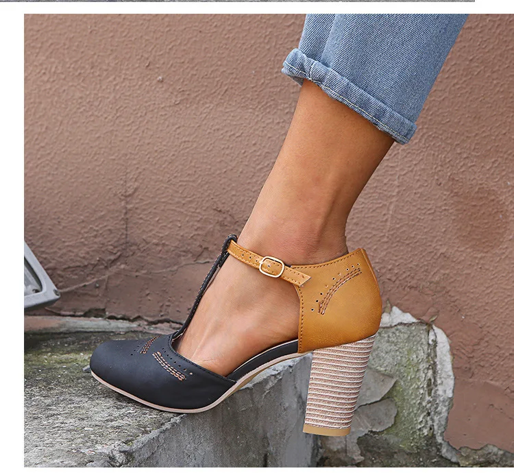 Летние женские туфли-лодочки; высокие туфли на квадратном каблуке; классические свадебные модельные туфли на платформе с круглым носком и Т-образным ремешком на квадратном каблуке; Mujer; женская обувь