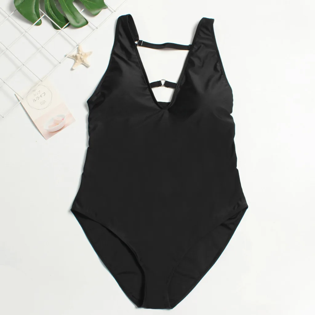 Для женщин Одна деталь Push Up Bikini Beach монокини для ванной V шеи сплошной черный