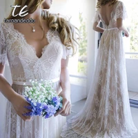champagne lace v neck a lineprincess train brush bohemian wedding dress butterfly sleeve nude bridal dress with color