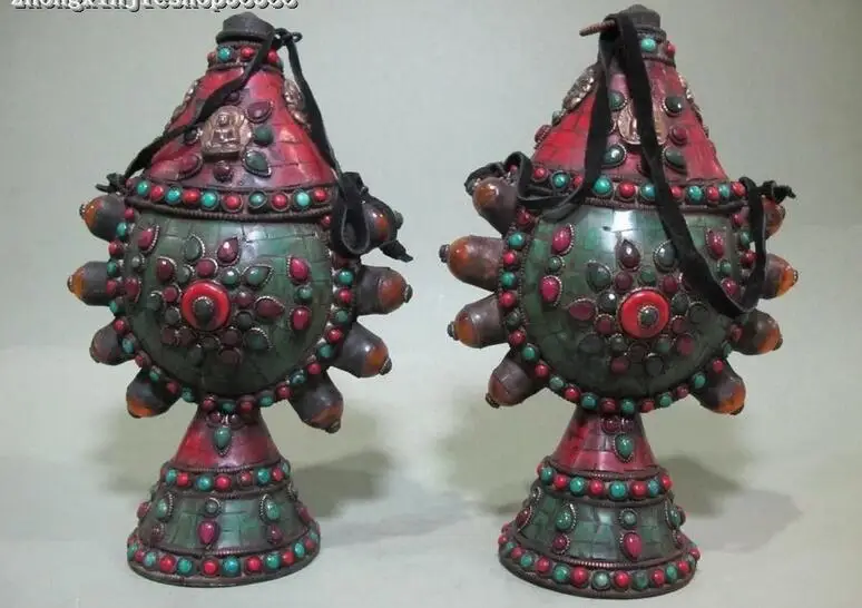 Тибет Народная Медь бирюзовый рубин берилл Две бутылки Snuff Ваза пара|vases