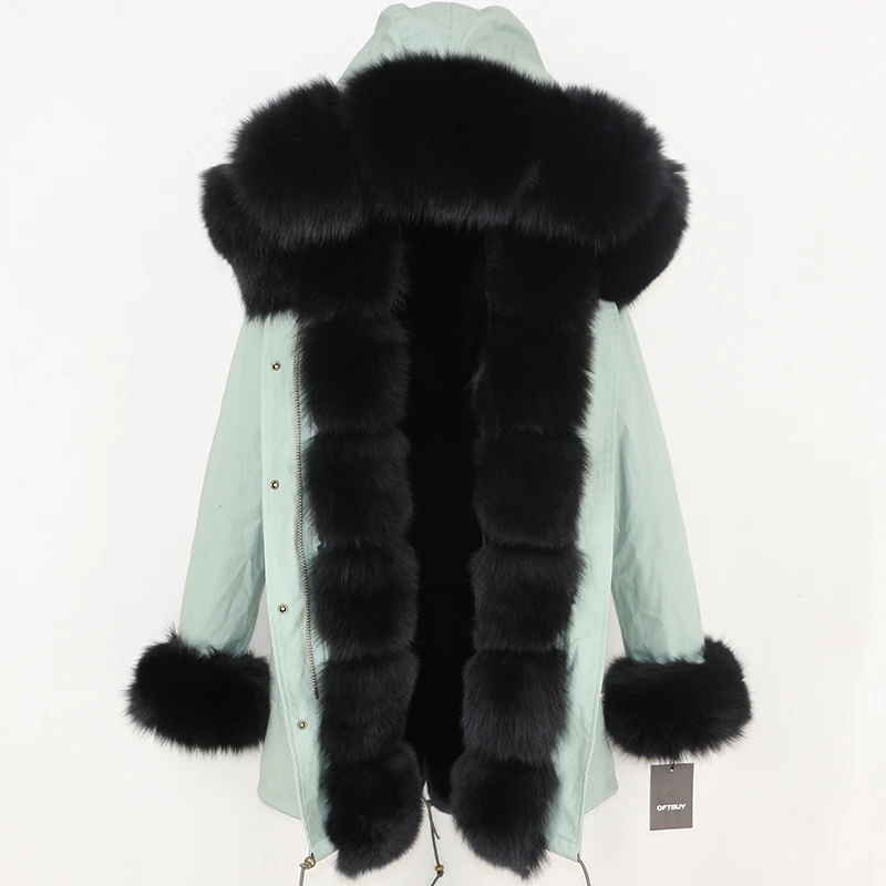 light green black OFTBUY, Длинные парки, зимняя куртка, Женское пальто из натурального меха, натуральный Лисий мех, Отделка капюшона, черная верхняя одежда, уличная одежда, толстая теплая парка - Цвет: light green black