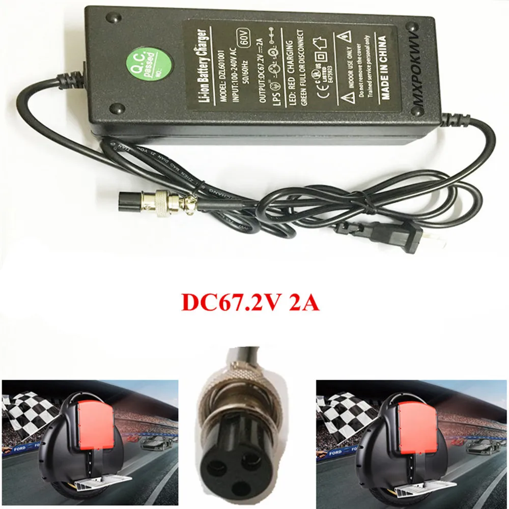 Carrinho de Mão Adaptador de Energia Pinos para Auto Scooter Carregador Inteligente Lítio Xlr 3 Balanceamento Skate Unicycle 60v ue Eua dc 67.2v 2a