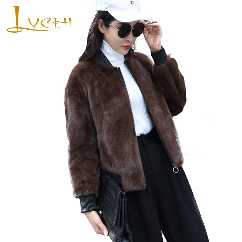

LVCHI Winter 2019 Print Letter Real Mink Fur Coat Women's Long Sleeve Jacket Coat Short O-Neck Zipper Fashion Loss Mink Coats