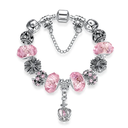 pink Серебряный браслет с подвеской в виде сердца для Дня матери, браслет для женщин, сделай сам, хрустальные и стеклянные бусины, подлинные ювелирные изделия - Окраска металла: pink