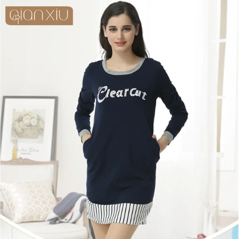2019 Autumn Brand Homewear Women Casual nightdress Female Cotton sleepwear dress Ladies Long sleeve O-neck collar nighty | Женская