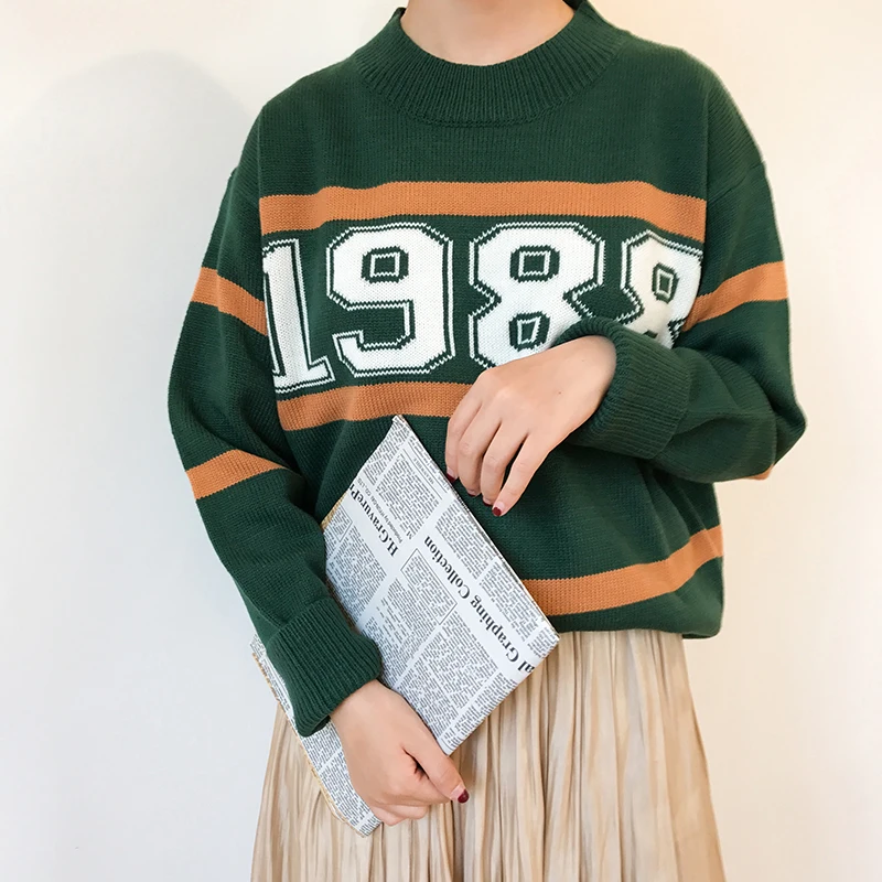 South Korea ulzzang loose bf wind digital striped pullovers female chic render knitwear student qiu dong | Женская одежда