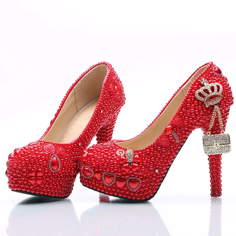 Свадебные туфли ручной работы для невесты с красным жемчугом и стразы женские на