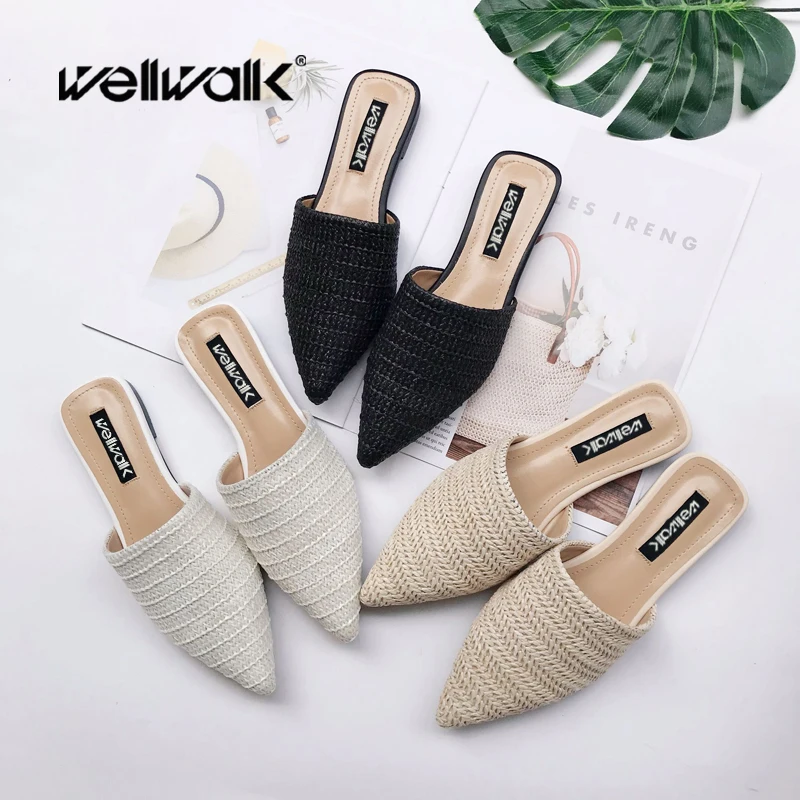 Туфли-мюли Wellwalk женские, дышащие тапочки на плоской подошве, с заостренным носком, с единорогом, плетеные, тапочки для офиса, летние