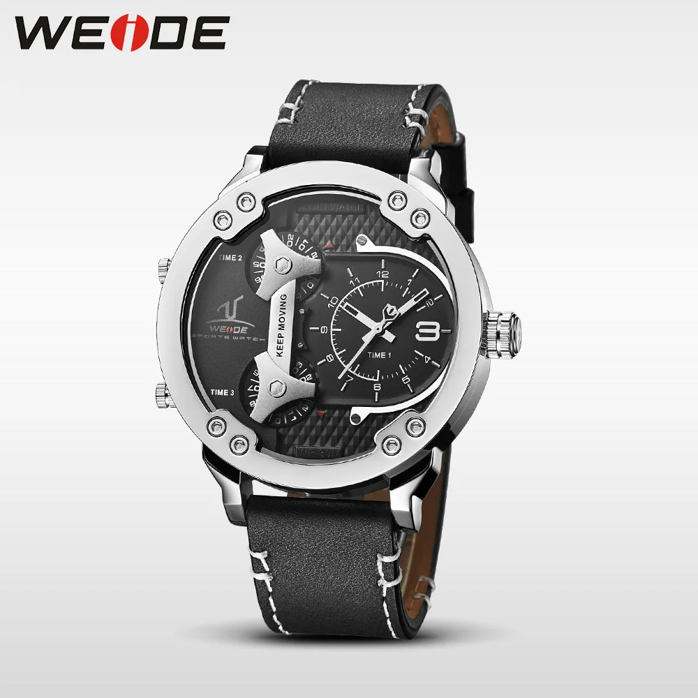 WEIDE Наручные Часы Мужские Спортивные Из Нержавеющей Стали Люкс Стильные Кварцевые Черный Кожаный Ремешок