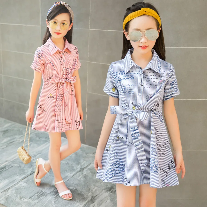 Летнее платье для девочек 2017 детская Джокер Письмо Платье в полоску костюм