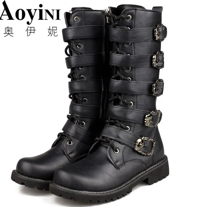Army Boots Men High Military Combat Metal Buckle Punk Mid Calf Male Motorcycle Lace Up Men's Shoes Rock |