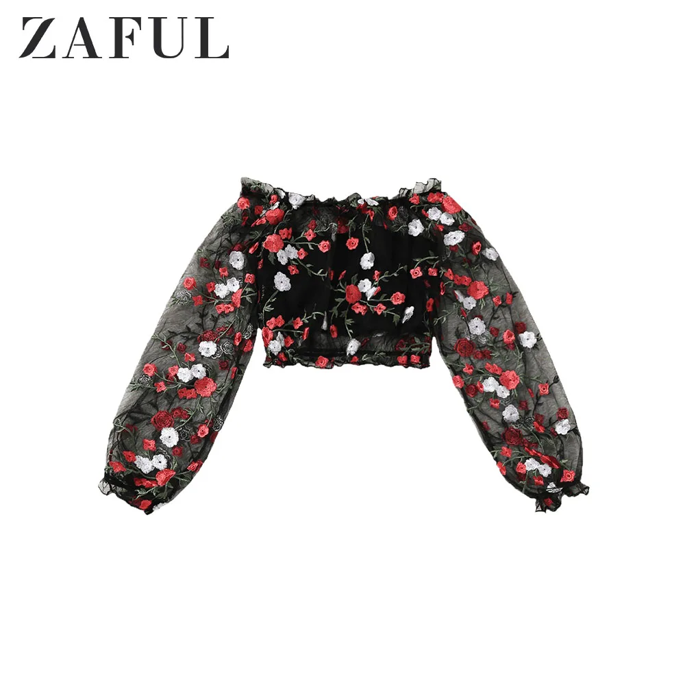 ZAFUL Блуза с открытыми плечами вышитая прозрачная блузка топом трусики женские
