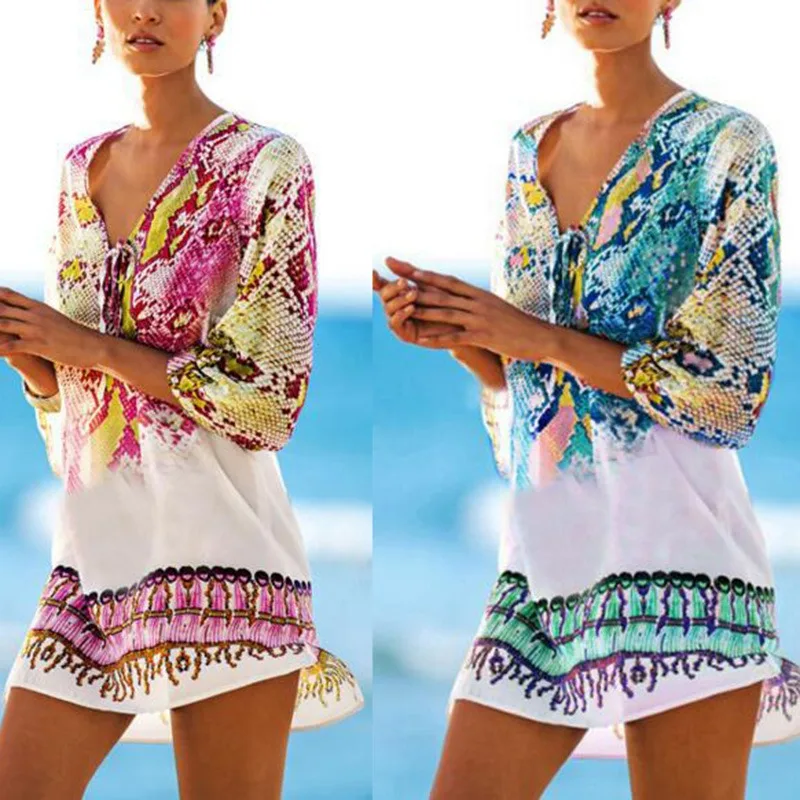 Женское пляжное платье с v образным вырезом повседневный свободный сарафан