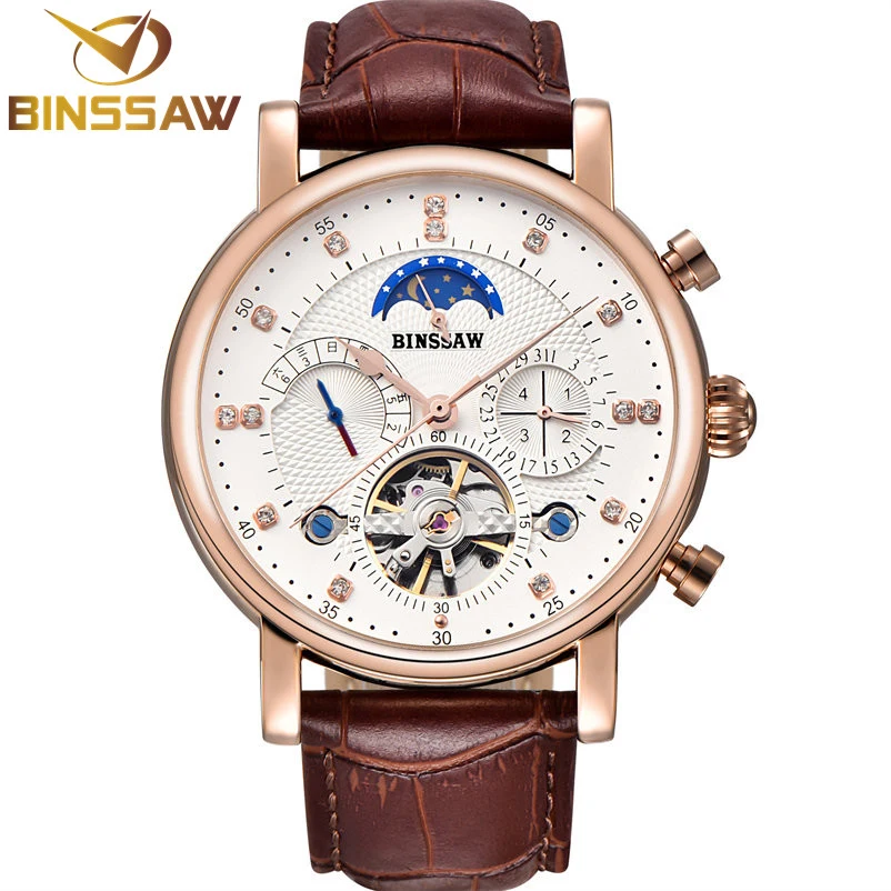 BINSSAW Мужские автоматические механические часы Tourbillon Роскошные модные брендовые Бизнес водонепроницаемые кожаные мужские часы Relogio Masculino