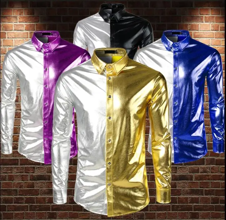 

fashion punk shirt men long sleeve shirt Irregular color matching hot stamping shirt mens personality stage singer dance splice