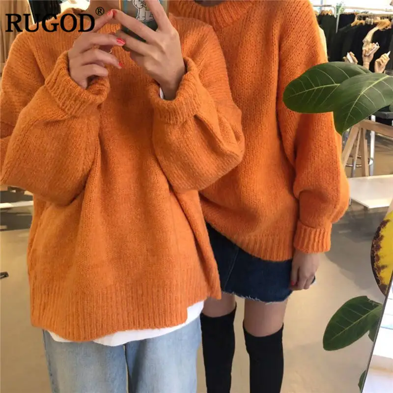 RUGOD, новинка, большой размер, женский свитер с круглым вырезом, однотонный, Повседневный, Женский пуловер, вязаная, теплая зимняя одежда, pull femme hiver