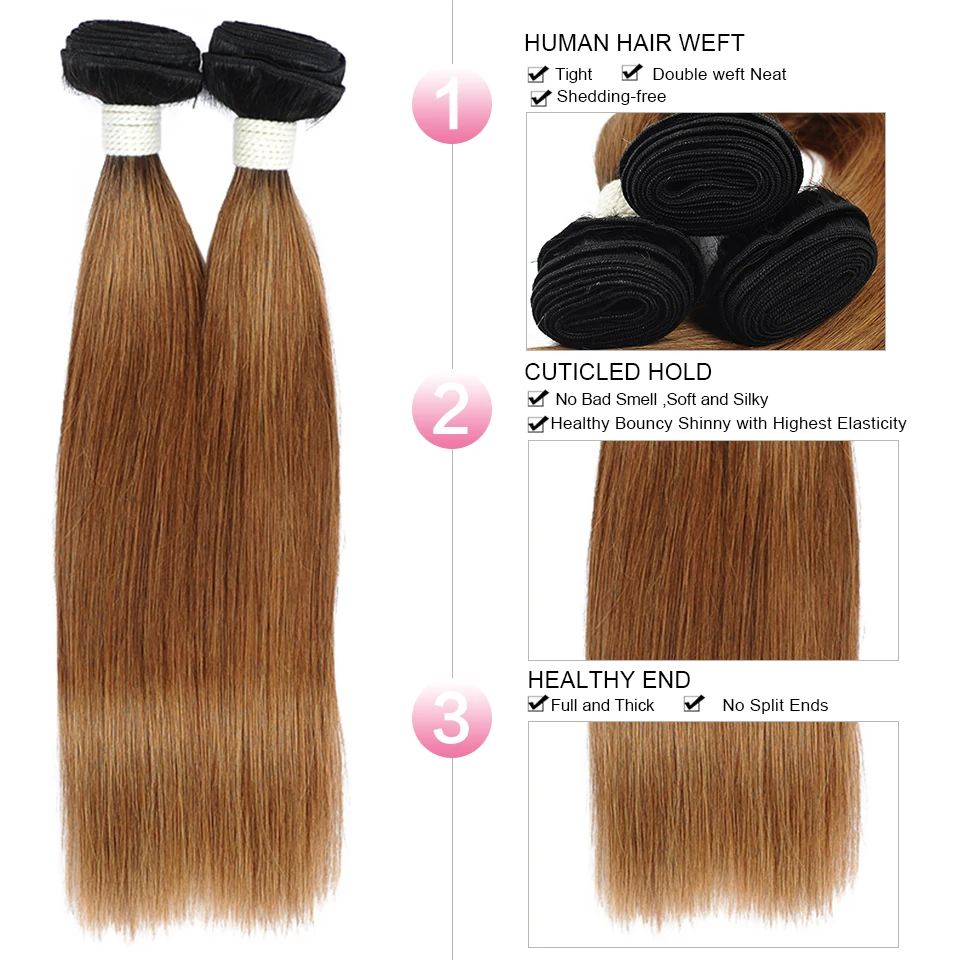 Pinshair Ombre блондин Бразильский прямые волосы Связки с закрытием T1B/30 100%