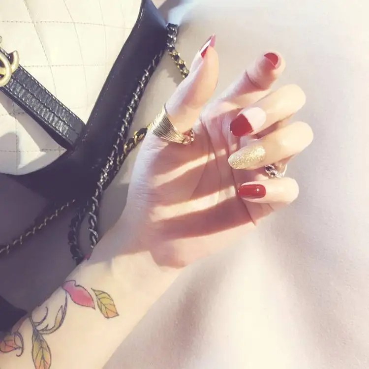 Medium Round Press On Nails Golden Glitter Decoration Artificial Wine Red Fake Tips Long 24pcs/kit | Красота и здоровье