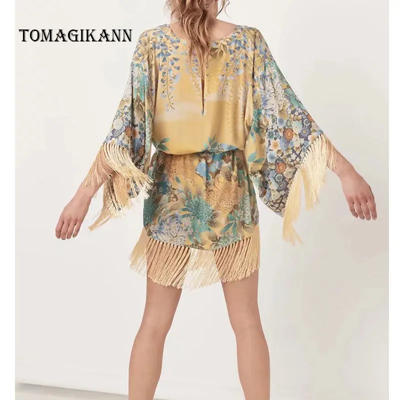 Модные Цветочный принт с кисточками и вырезами платье v-образным вырезом
