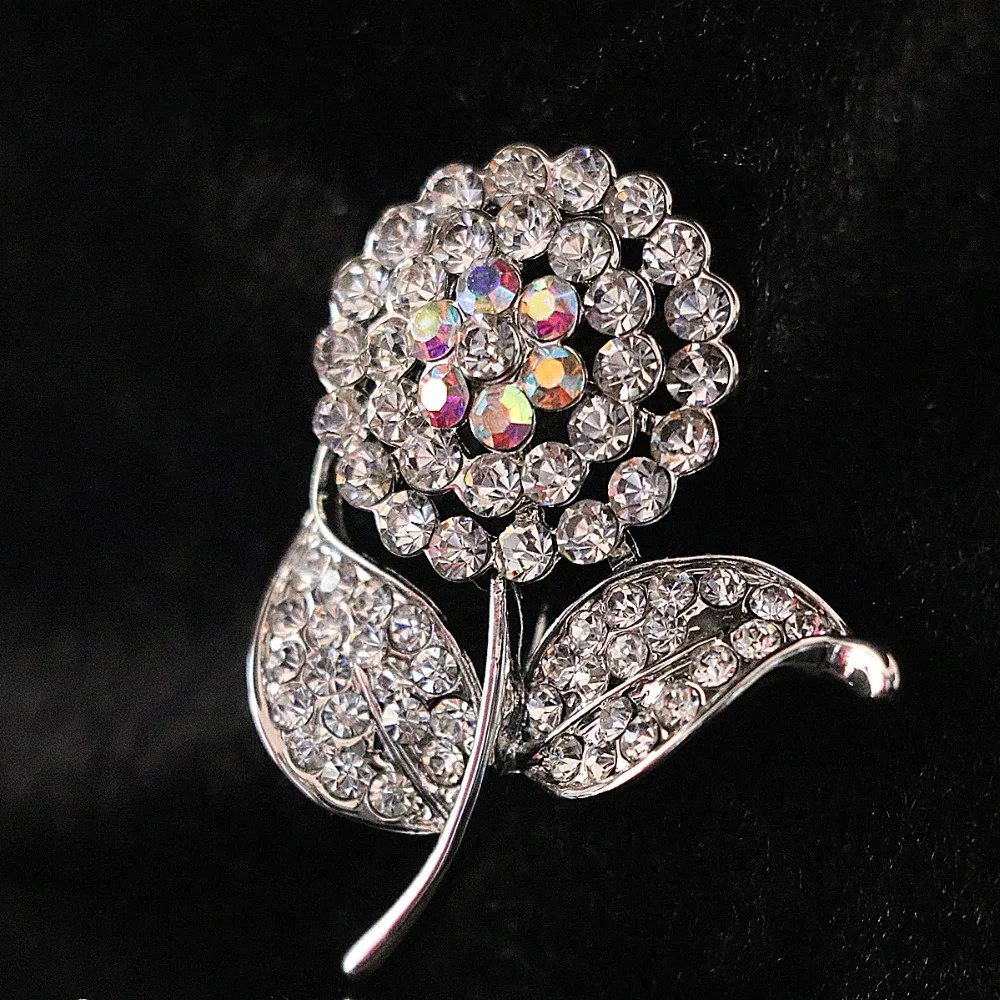 

Lovely White rhinestone crystal sunflower brooch girl beauty birthday gift silver-color pins jewelry B1214
