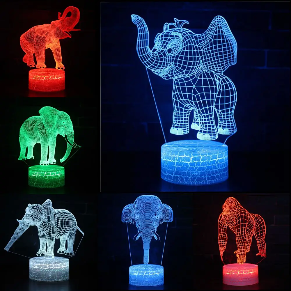 Цвет Сменные слон гориллы LED 3D визуальную иллюзию ночник Творческий Украшение стола свет Новинка Настольная лампа Дети подарок