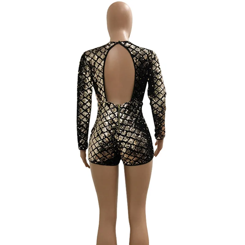 Женский комбинезон с длинным рукавом и открытой спиной блестящий глубоким v