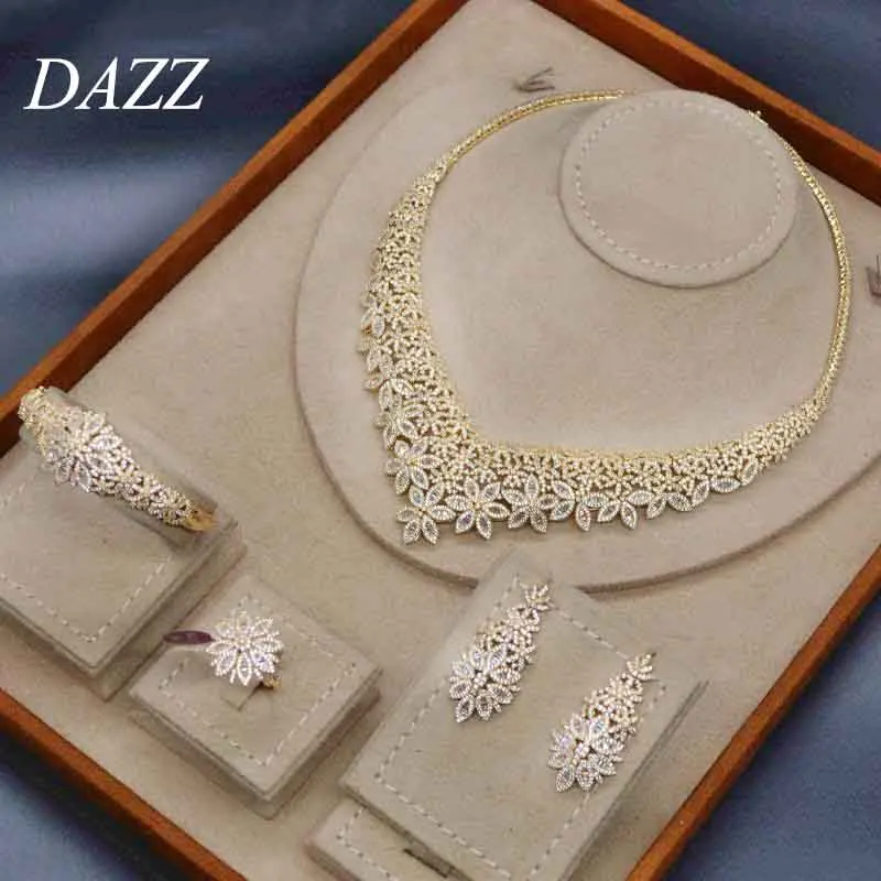 Dazz Роскошный цветок ожерелье серьги, кольцо, браслет 4 шт нигерийские Свадебные Ювелирные наборы африканская Невеста для женщин обручальное украшение