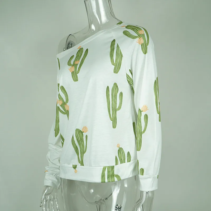 Z &amp koze Мода 2017 г. кактус печати Футболка Для женщин с длинным рукавом