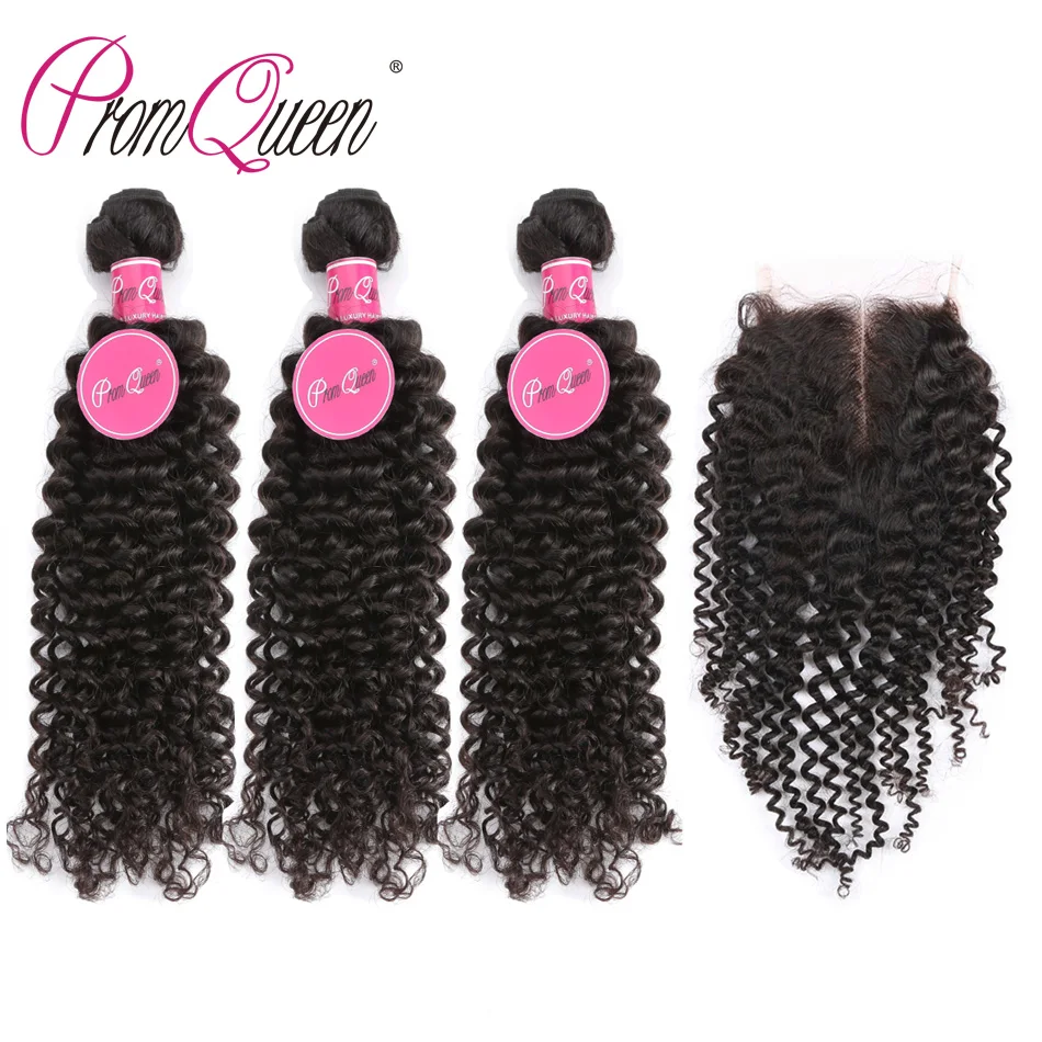 Promqueen Малайзии афро кудрявый вьющиеся волосы волнистые пряди с закрытием 100%