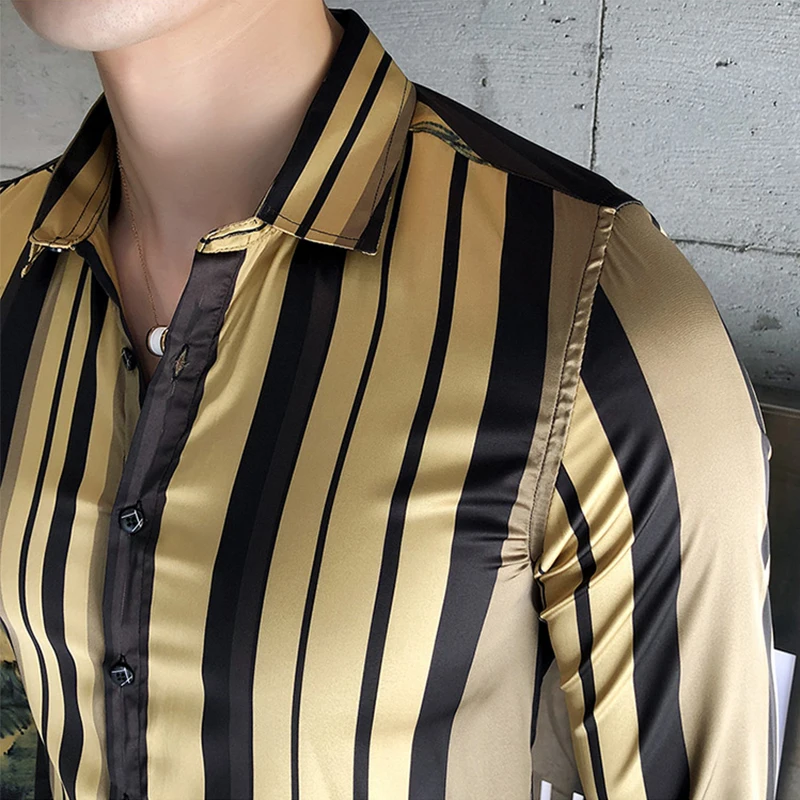 Мужские рубашки из бархата роскошные мужские в полоску с золотым принтом Camisas Hombre