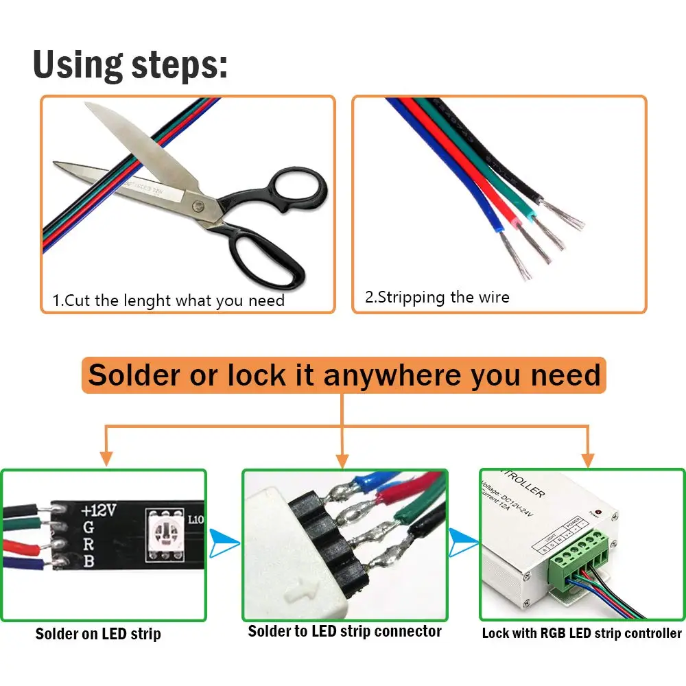 Удлинительный кабель постоянного тока 12 В 4 контакта RGB 22AWG проводника шнур провод
