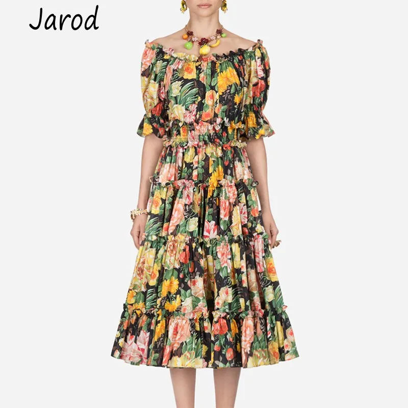 Женское шифоновое платье с открытыми плечами подиумное цветочным принтом и