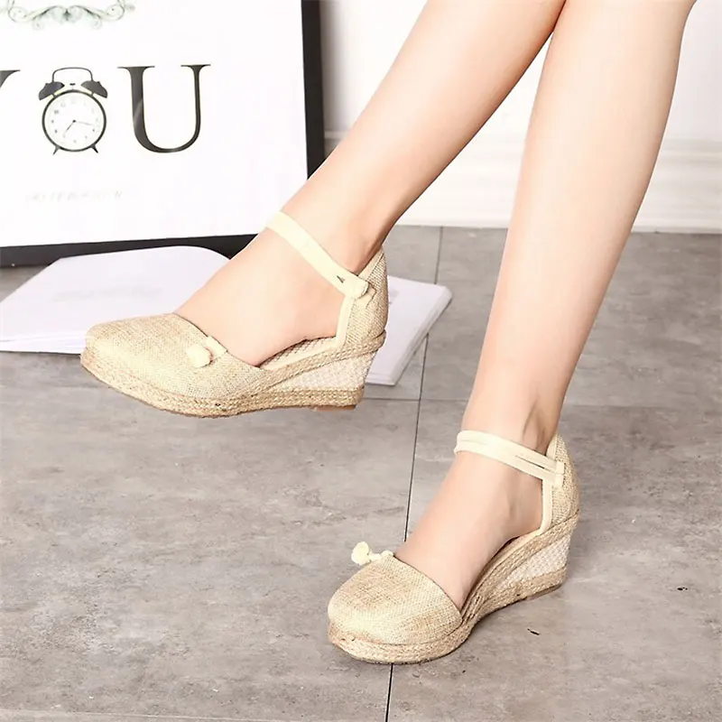 STAN SHARK Vintage Casual Linen Canvas Wedge Sandals Women Summer Ankle Strap Med Heel Platform Pump Espadrilles Shoes | Обувь
