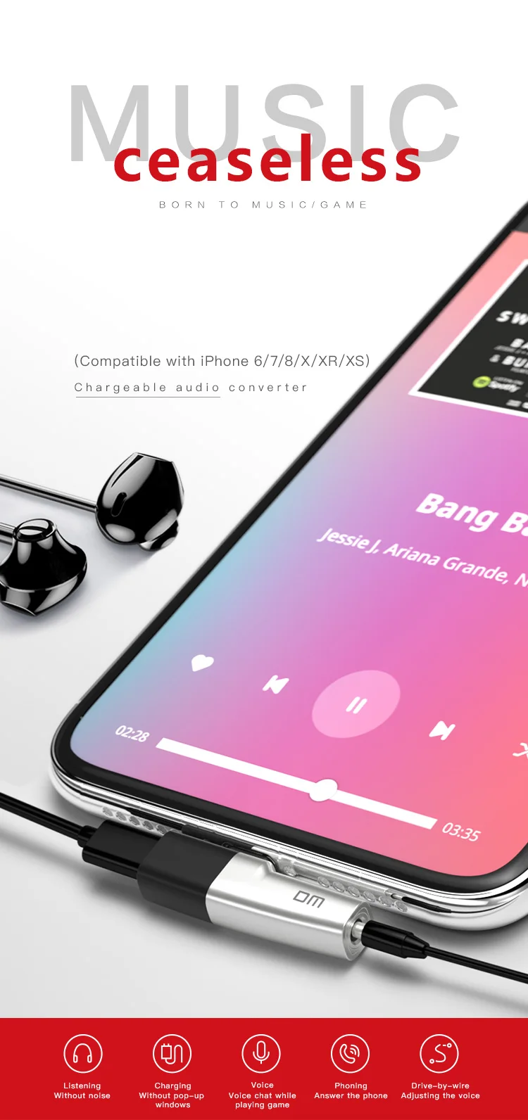 DM Dual 3,5 аудио и зарядка конвертер AD018 для iPhone XS MAX XR наушники конвертер для iOS 12 адаптер