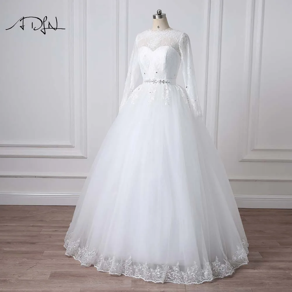 Женское свадебное платье ADLN скромное с длинным рукавом глубоким круглым вырезом