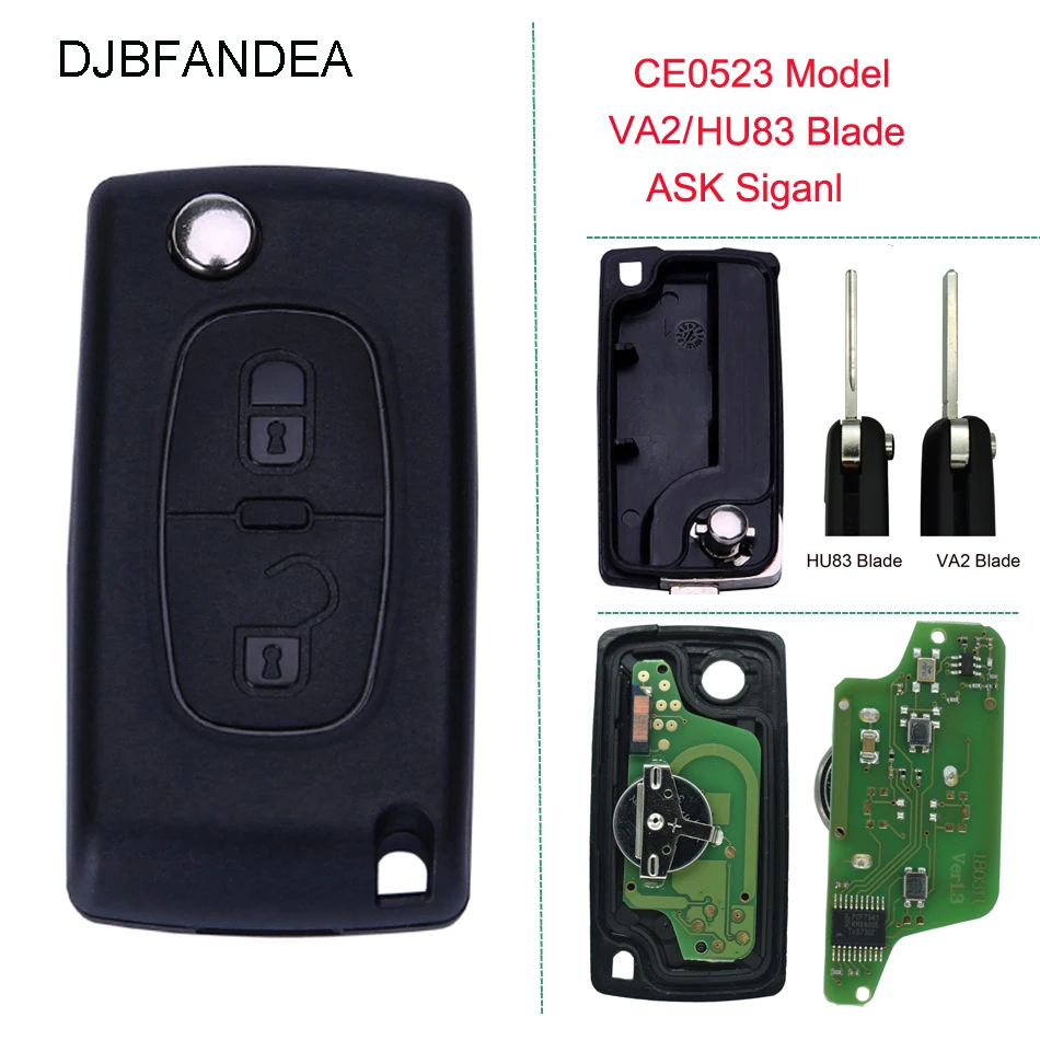 DJBFANDEA 2 кнопки Авто удаленный ключ для Peugeot 207 208 307 308 407 408 807 Partner (CE0523 ASK HU83/VA2)|Ключ от