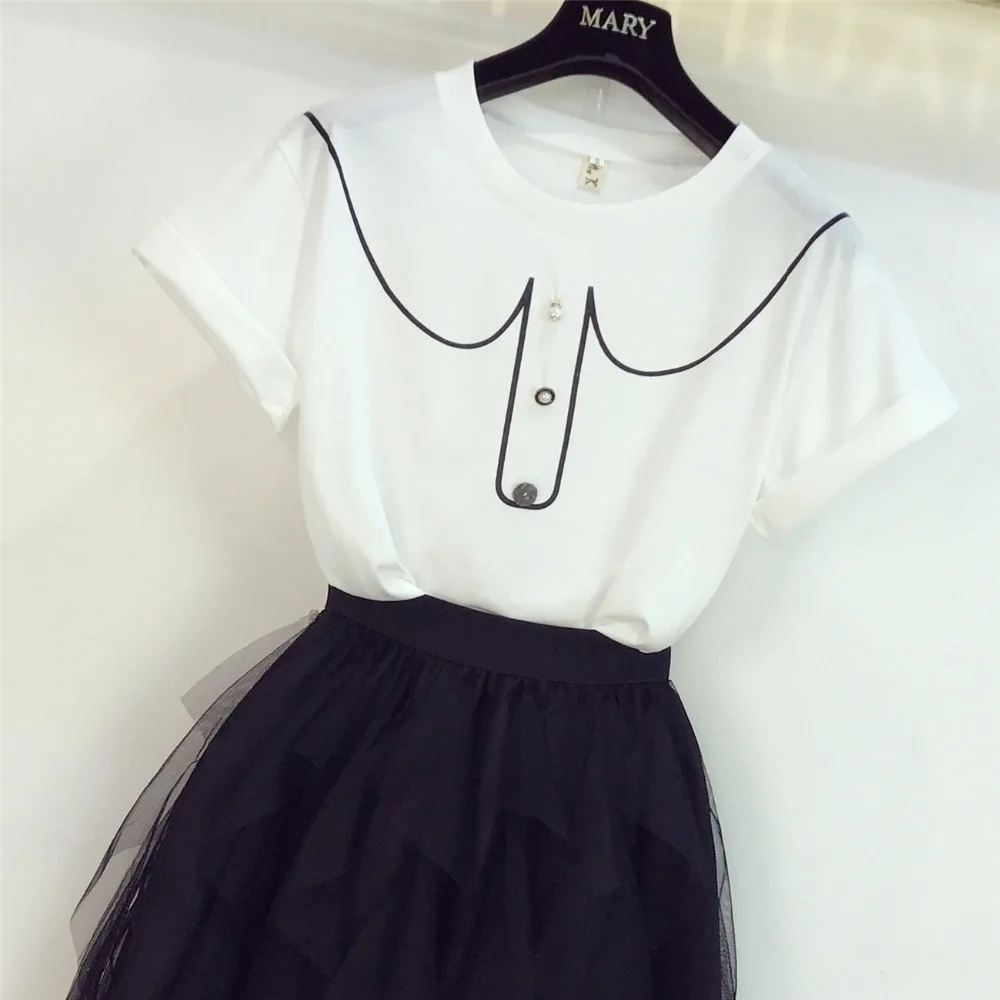 С принтом короткий рукав o-образным вырезом кнопки пуловер футболки хлопковые +