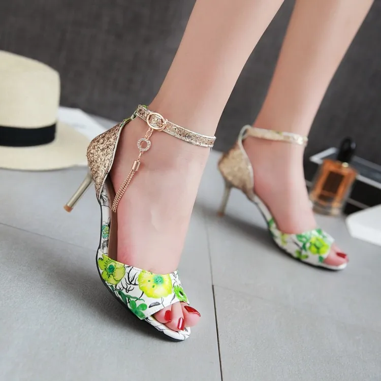 Женские босоножки на высоком каблуке летние с цветами и растениями большие