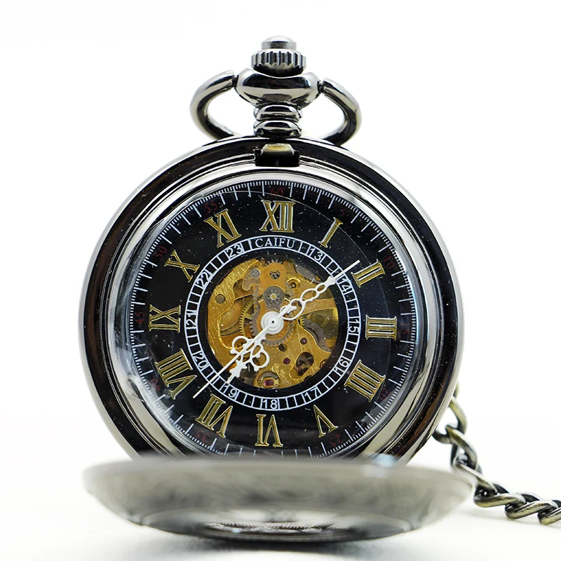 Black Roman Numerals Mechanical Quartz Pocket Watch Vintage Steampunk Hollow Manual Fob Chain Watch Best Gift for Men and Women