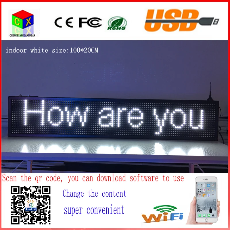 

40X8 inch P10 indoor white LED sign wireless programmable rolling information 100x20CM led display screen