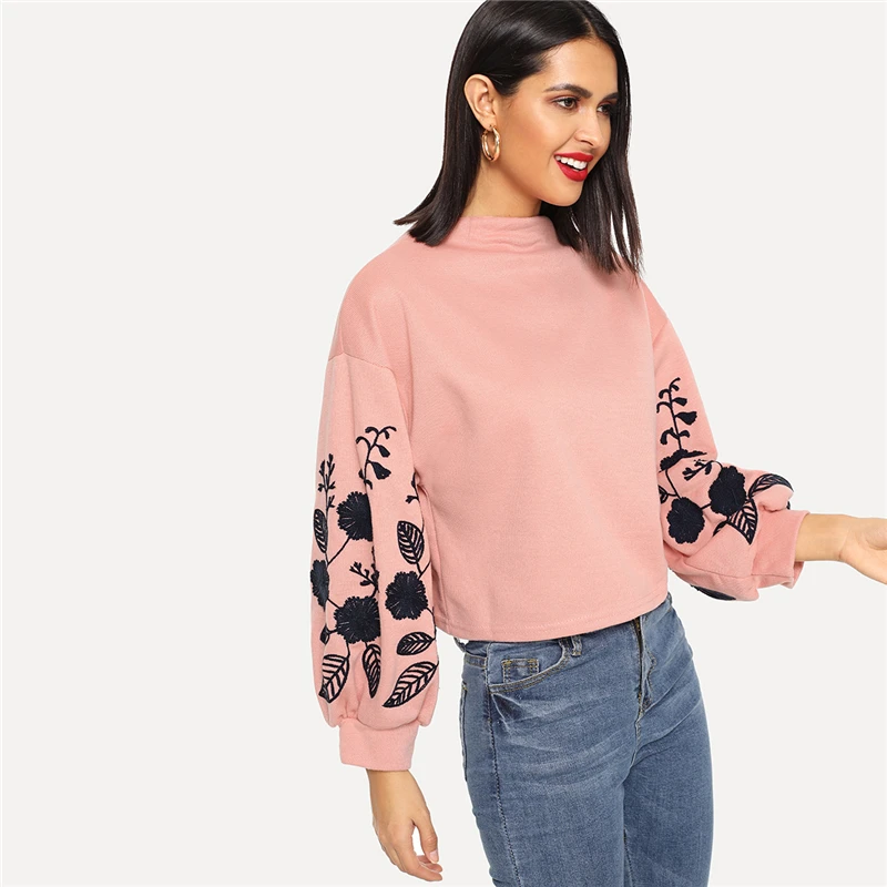 Dotfashion розовый женский пуловер с цветочной вышивкой на плече, повседневный осенний свитер с воротником-хомутом