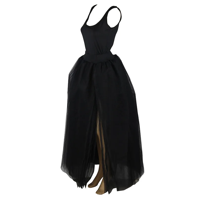 European and American Fashion Women Dress Suits Two Piece Crop Top Set Black Gauze Longuette | Женская одежда